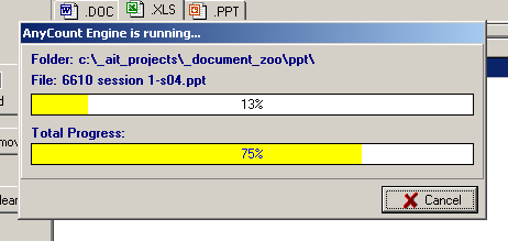 After you click Count! button AnyCount engine runs and produces word, line, page or character counts for documents you have selected: